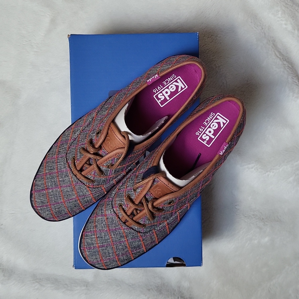 Keds Windowpane Orange and Purple Plaid Shoes Size 8, New In Box